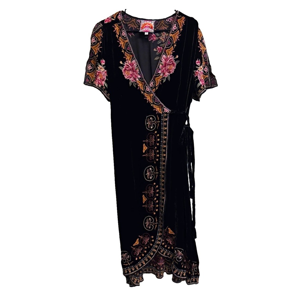Johnny Was Mehdi Velvet Wrap Dress PM Black Floral Embroidered Silk Blend